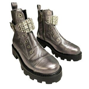 Karl Lagerfeld Maeva Embellished Buckled Zip Booties In Silver Sz 6 NEW